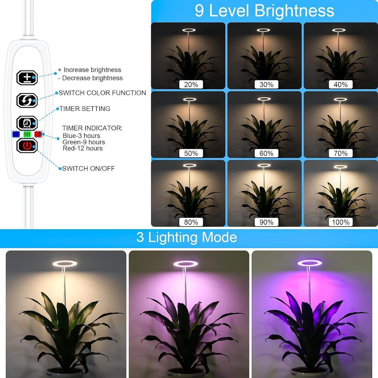 Alt view image 3 of 7 - Plant Grow Light, LED Growing Light Full Spectrum for Indoor Plants, Brightness Adjustable, Timer 3H/9H/12H, 5V Low Safe Voltage, 3 Colors, Height Adjustable, Idea for Small or Tall Plant Light
