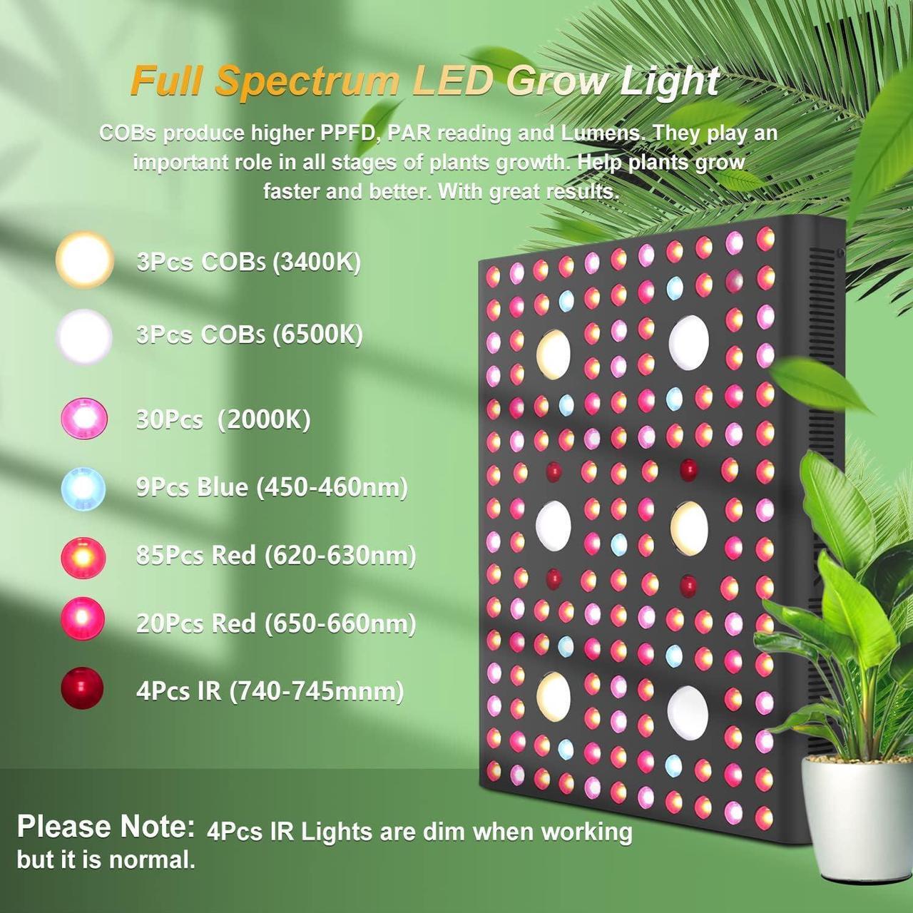 Alt view image 2 of 7 - AGLEX 655W COB LED Grow Light, Full Spectrum Plant Grow Lamp with Daisy Chain Veg and Bloom Switch for Hydroponic Greenhouse Indoor Plant Veg and Flower (C3000)