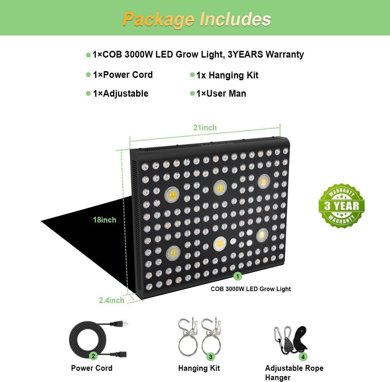 Alt view image 7 of 7 - AGLEX 655W COB LED Grow Light, Full Spectrum Plant Grow Lamp with Daisy Chain Veg and Bloom Switch for Hydroponic Greenhouse Indoor Plant Veg and Flower (C3000)
