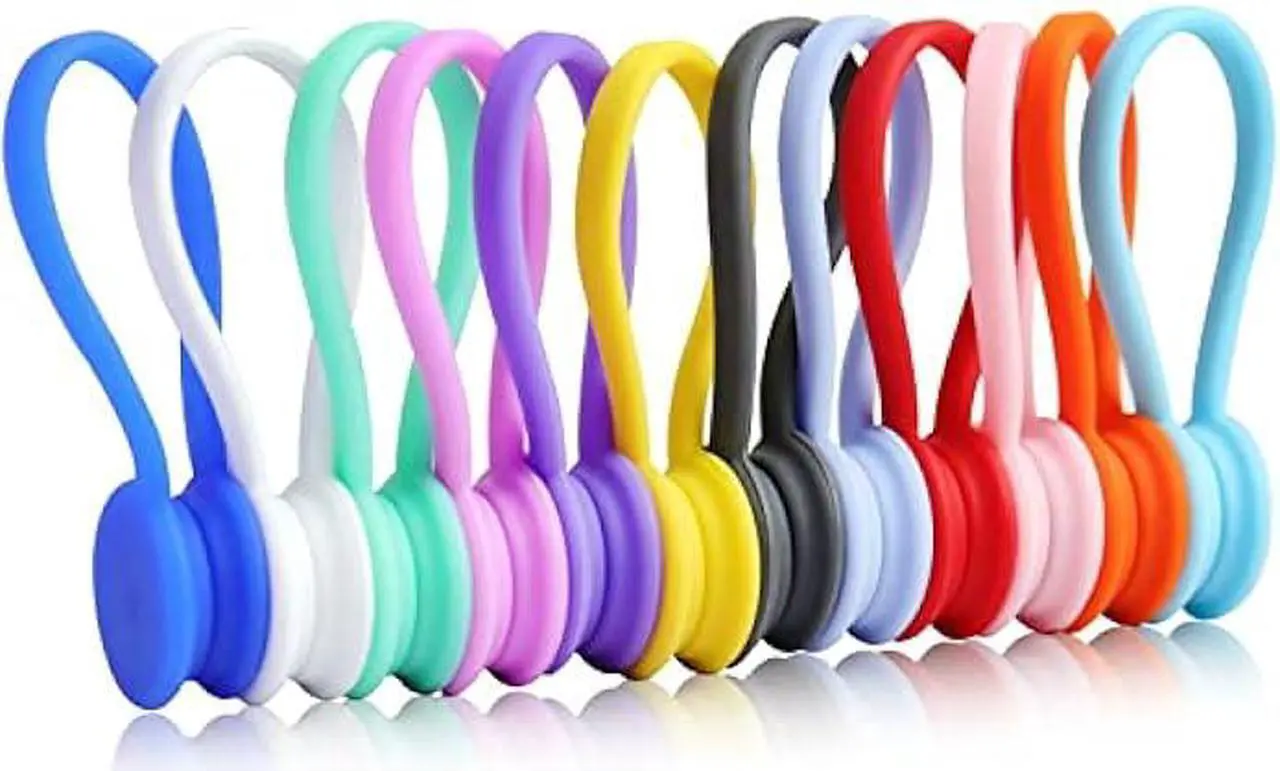 Main image of 12 Pack Reusable Silicone Magnetic Cable Ties,Magnetic Cable Clips for Bundling and Organizing Headphone Cables,USB Charging Cords, Hanging & Holding,Stitching Fabric Magnetic Twist Ties