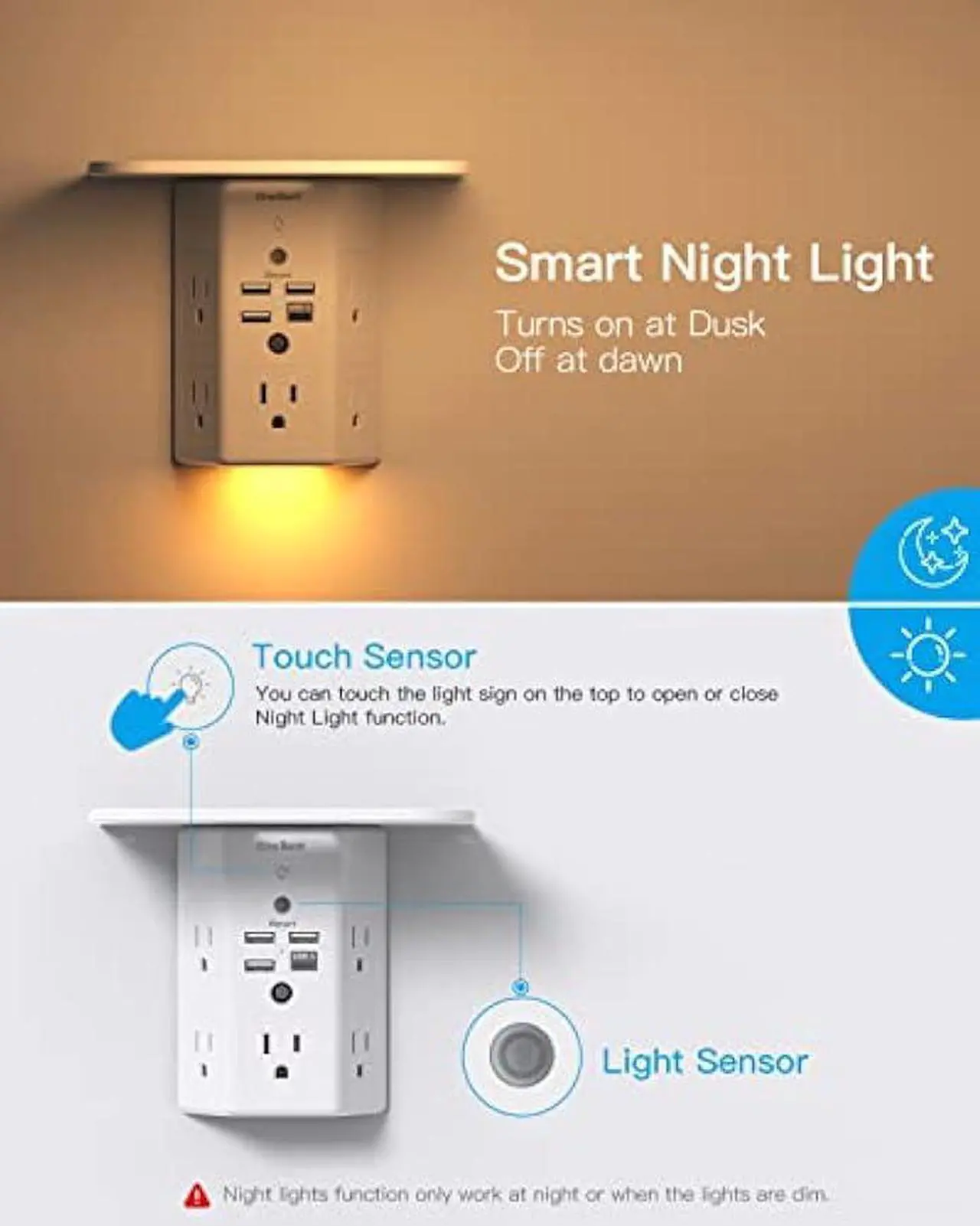 Alt view image 2 of 6 - Multi Plug Outlets, Wall Outlet Extender with Night Light and Outlet Shelf, Surge Protector 4 USB Ports(1 USB C), USB Wall Charger Power Strip Electric Outlet Splitter for Home Office
