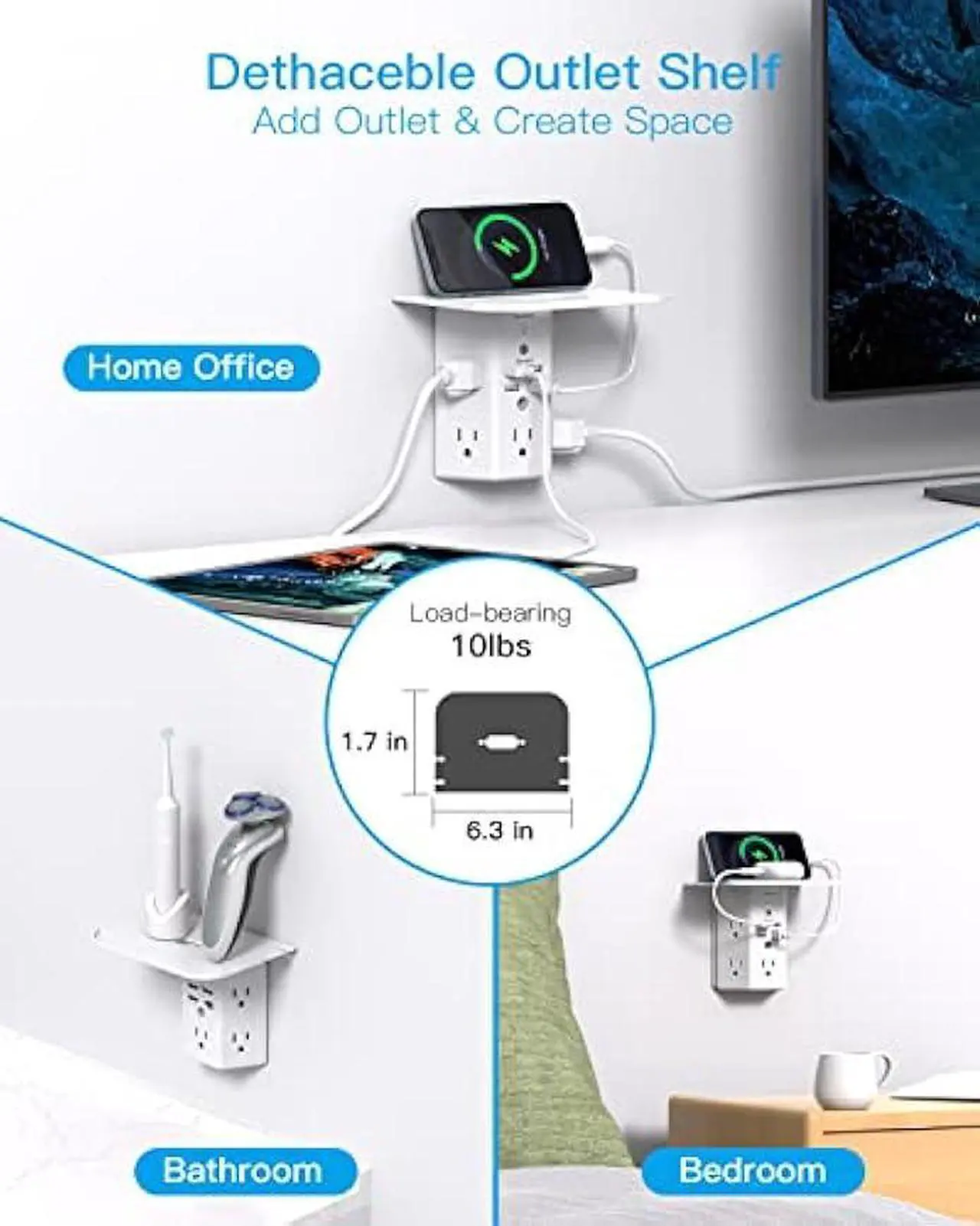 Alt view image 3 of 6 - Multi Plug Outlets, Wall Outlet Extender with Night Light and Outlet Shelf, Surge Protector 4 USB Ports(1 USB C), USB Wall Charger Power Strip Electric Outlet Splitter for Home Office