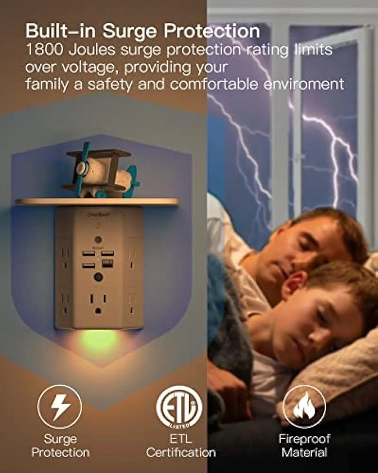 Alt view image 6 of 6 - Multi Plug Outlets, Wall Outlet Extender with Night Light and Outlet Shelf, Surge Protector 4 USB Ports(1 USB C), USB Wall Charger Power Strip Electric Outlet Splitter for Home Office