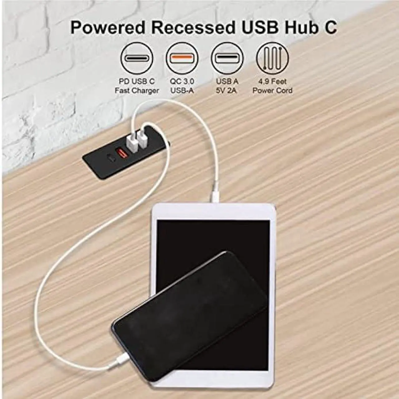 Alt view image 4 of 6 - Powered USB C Hub Socket Recessed USB C Power Strip Outlet with Fast Charge 4 USB Ports 20W Mounted into Bed Desk Table Sofa (Black)