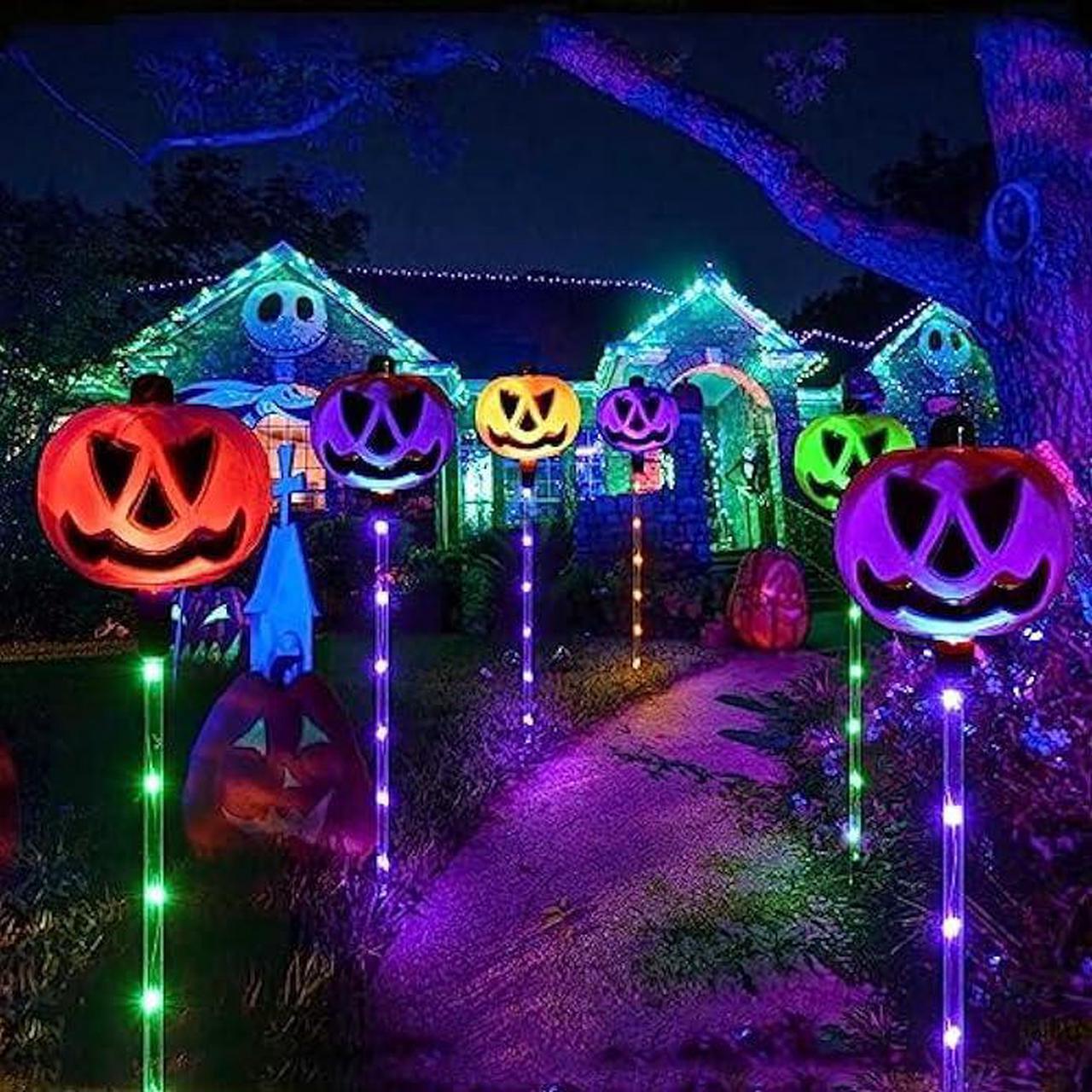 Alt view image 3 of 7 - Homeleo Set of 6 Solar Pumpkin Pathway Lights for Halloween Decorations Outdoor, Color Changing Outdoor Halloween Lights, Light up Jack O Lantern Pumpkins for Halloween Party Porch Yard Decorations