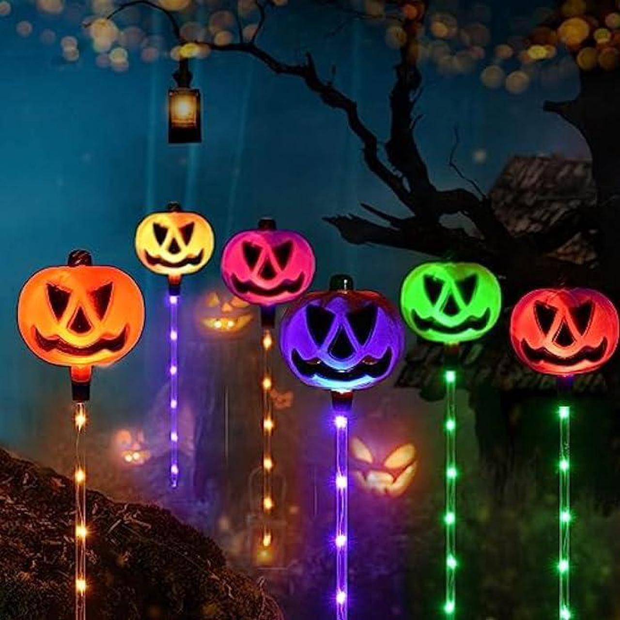 Alt view image 2 of 7 - Homeleo Set of 6 Solar Pumpkin Pathway Lights for Halloween Decorations Outdoor, Color Changing Outdoor Halloween Lights, Light up Jack O Lantern Pumpkins for Halloween Party Porch Yard Decorations
