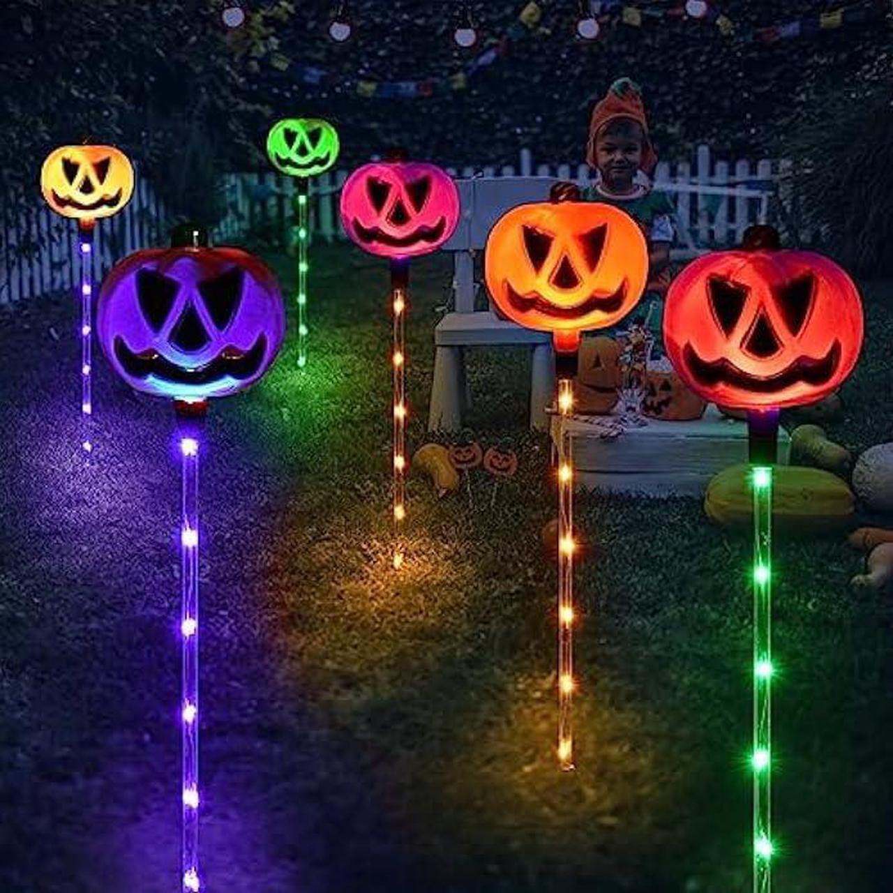 Alt view image 4 of 7 - Homeleo Set of 6 Solar Pumpkin Pathway Lights for Halloween Decorations Outdoor, Color Changing Outdoor Halloween Lights, Light up Jack O Lantern Pumpkins for Halloween Party Porch Yard Decorations