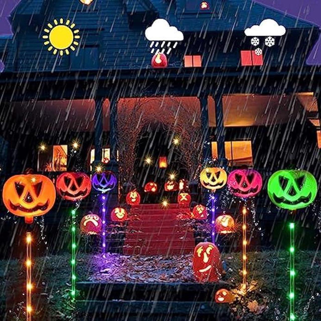 Alt view image 5 of 7 - Homeleo Set of 6 Solar Pumpkin Pathway Lights for Halloween Decorations Outdoor, Color Changing Outdoor Halloween Lights, Light up Jack O Lantern Pumpkins for Halloween Party Porch Yard Decorations