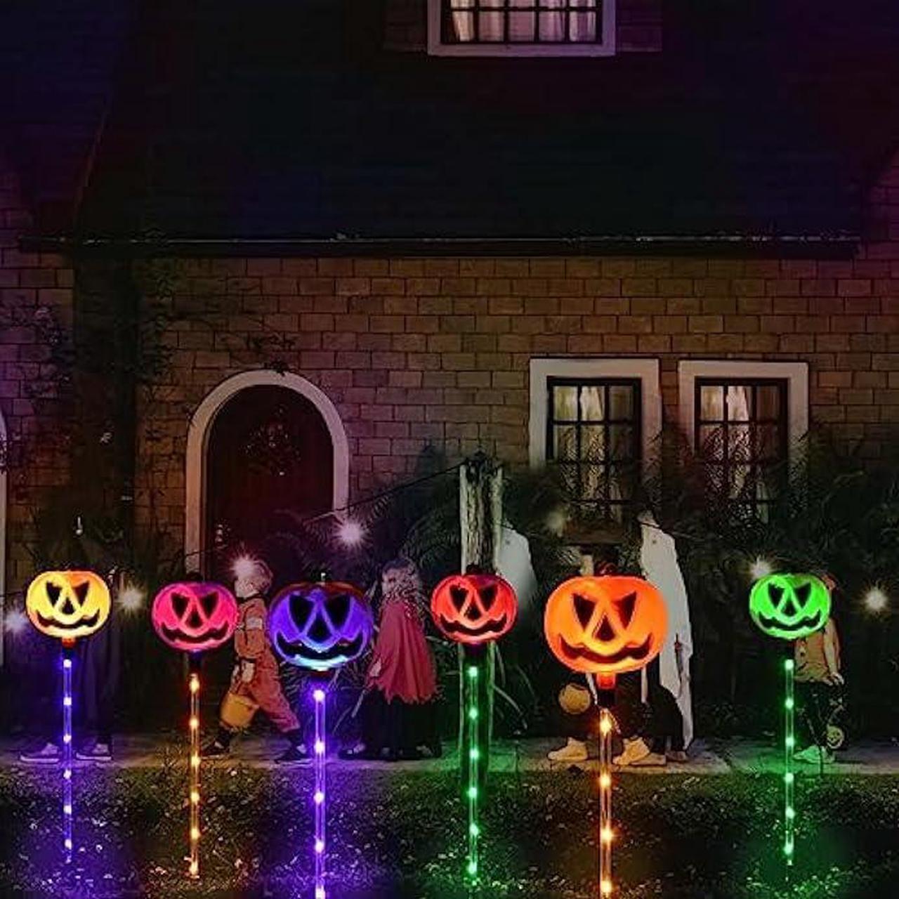Alt view image 7 of 7 - Homeleo Set of 6 Solar Pumpkin Pathway Lights for Halloween Decorations Outdoor, Color Changing Outdoor Halloween Lights, Light up Jack O Lantern Pumpkins for Halloween Party Porch Yard Decorations