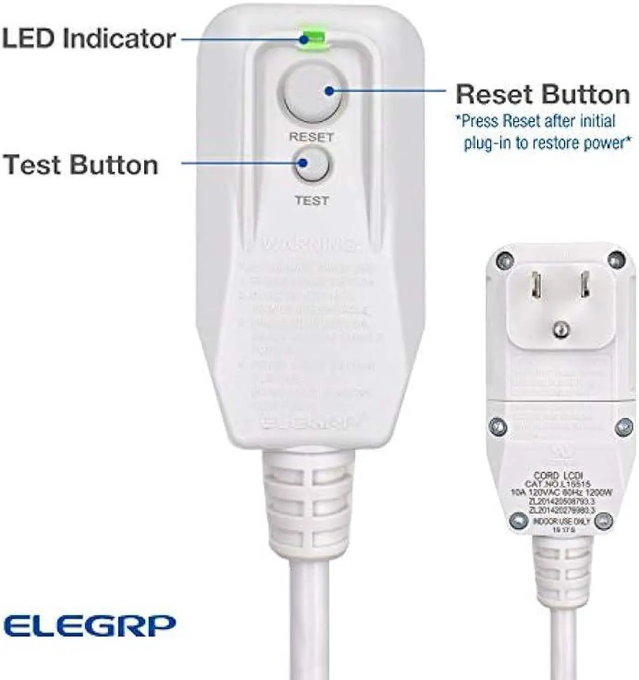 Alt view image 3 of 6 - ELEGRP 0651510LY L15515 18AWG LCDI Power Cord Plug for A/C Air Conditioner, E250451 UL Certified, 7.5FT Leakage Current Detection Interrupter Replacement, 120VAC 10Amp 1200W 60Hz NEMA 5-15P (1 Pack)