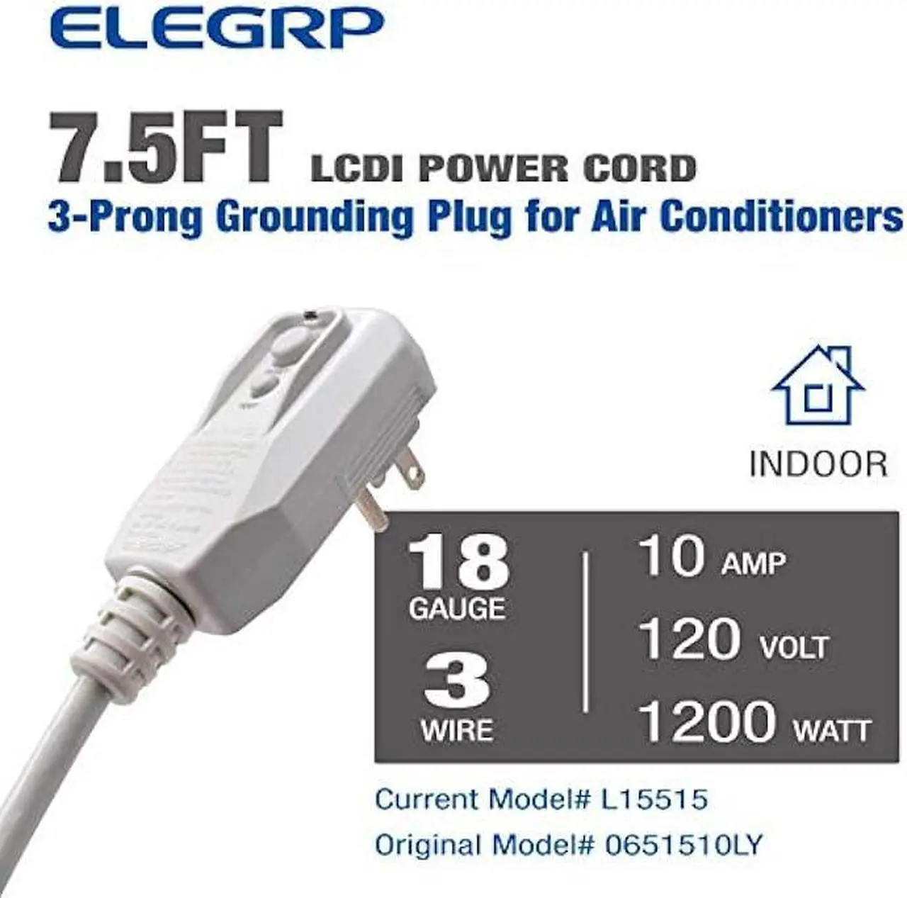 Alt view image 2 of 6 - ELEGRP 0651510LY L15515 18AWG LCDI Power Cord Plug for A/C Air Conditioner, E250451 UL Certified, 7.5FT Leakage Current Detection Interrupter Replacement, 120VAC 10Amp 1200W 60Hz NEMA 5-15P (1 Pack)