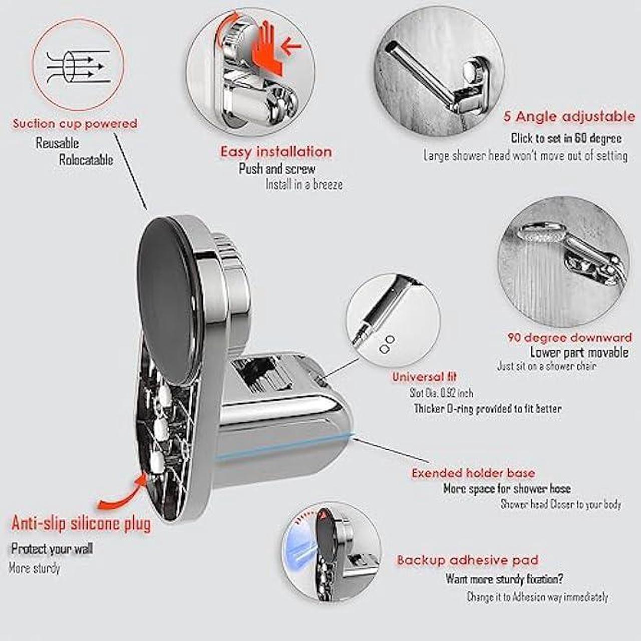 Alt view image 2 of 5 - Suction Cup Handheld Shower Head Holder, 5 Angles Adjustable, 90° Downward for Shower Chair, Relocatable, Reusable, Supports Larger Shower Head, Wall Mounted with Vacuum Power