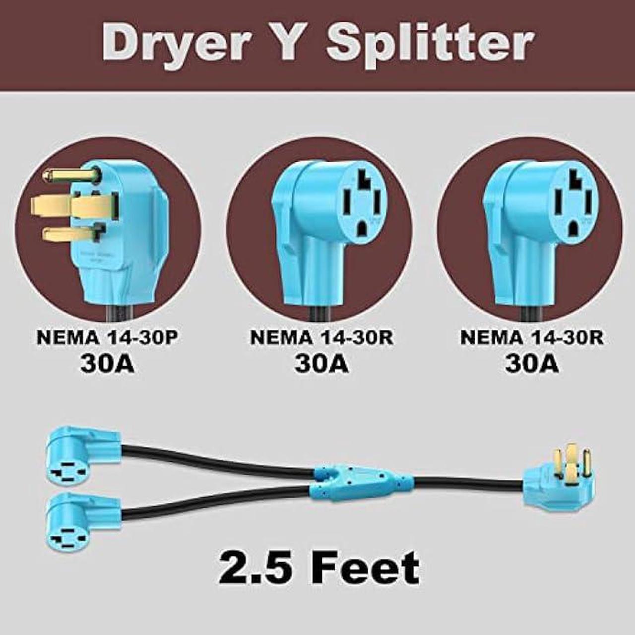Alt view image 2 of 6 - CircleCord 4 Prong Dryer Y Splitter 3 FT, NEMA14-30P Male to Two NEMA 14-30R Female, 30 Amp 250 Volt 7500W STW 10 AWG Dryer Y Adapter Cord, for Dryer Outlet and Level 2 EV Charging