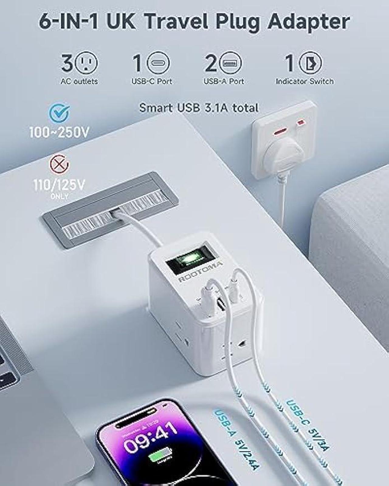 Alt view image 3 of 6 - UK Ireland Scotland Travel Plug Adapter, US to UK Plug Adapter with 3 Outlets 3 USB Ports (1 USB C Port), Type G Travel Adapter for USA to British England Scotland Irish London, Cube, White
