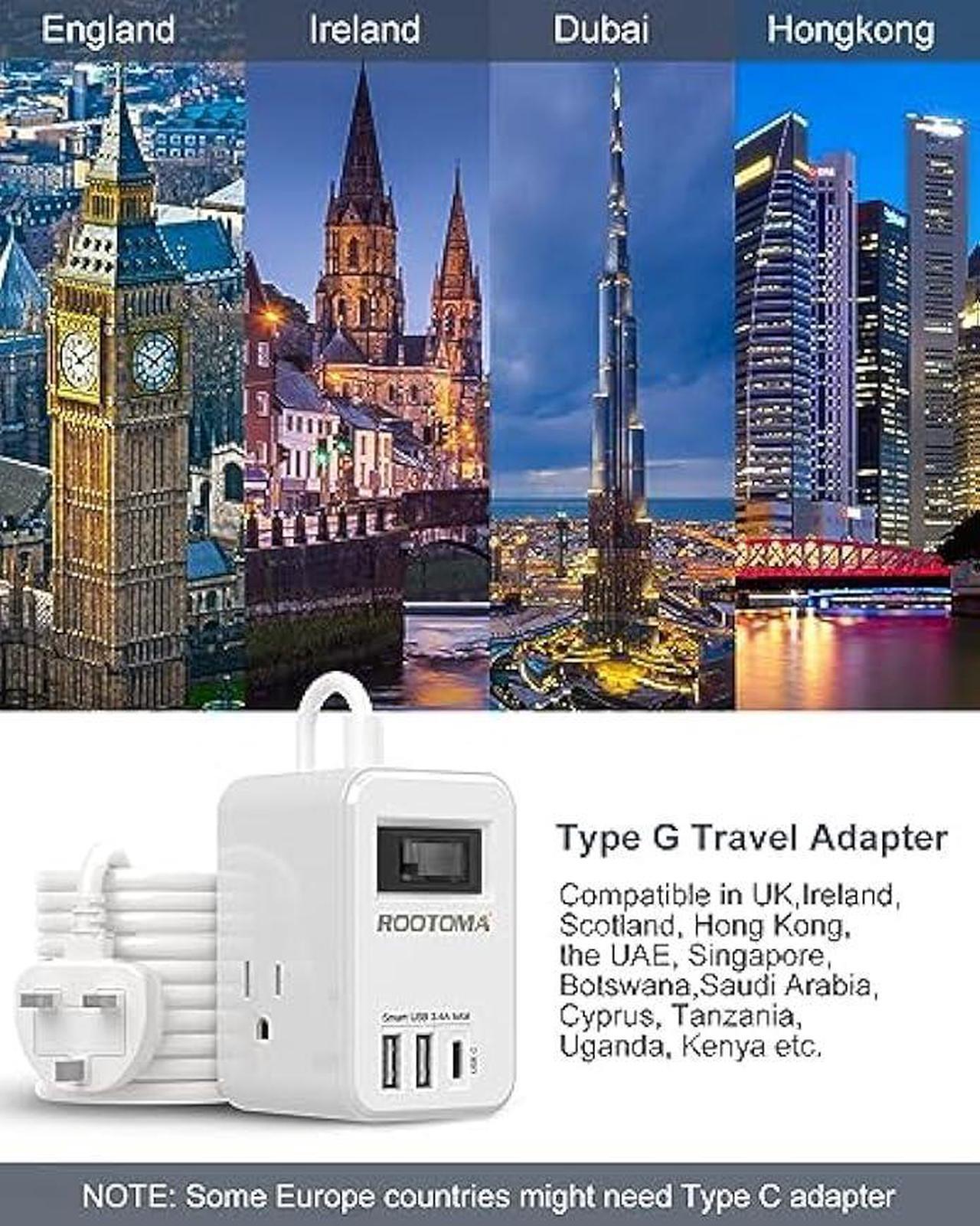 Alt view image 2 of 6 - UK Ireland Scotland Travel Plug Adapter, US to UK Plug Adapter with 3 Outlets 3 USB Ports (1 USB C Port), Type G Travel Adapter for USA to British England Scotland Irish London, Cube, White