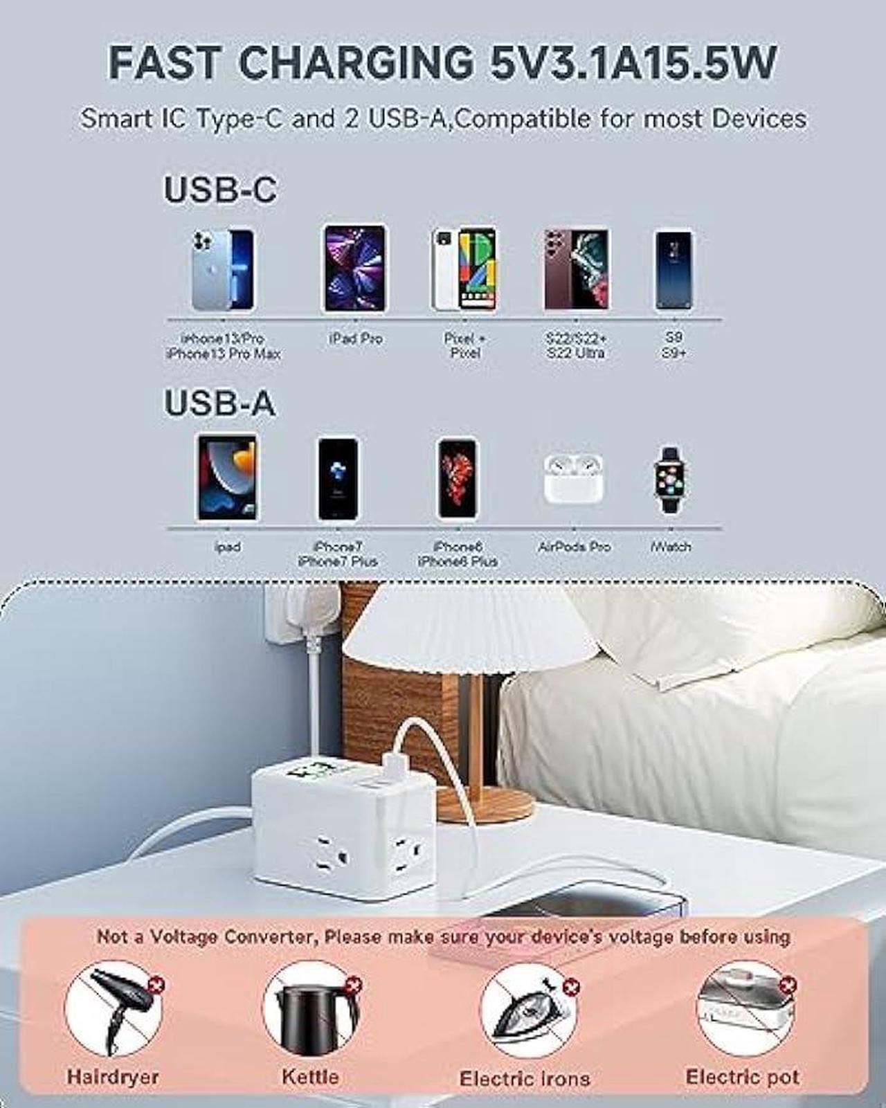 Alt view image 4 of 6 - UK Ireland Scotland Travel Plug Adapter, US to UK Plug Adapter with 3 Outlets 3 USB Ports (1 USB C Port), Type G Travel Adapter for USA to British England Scotland Irish London, Cube, White