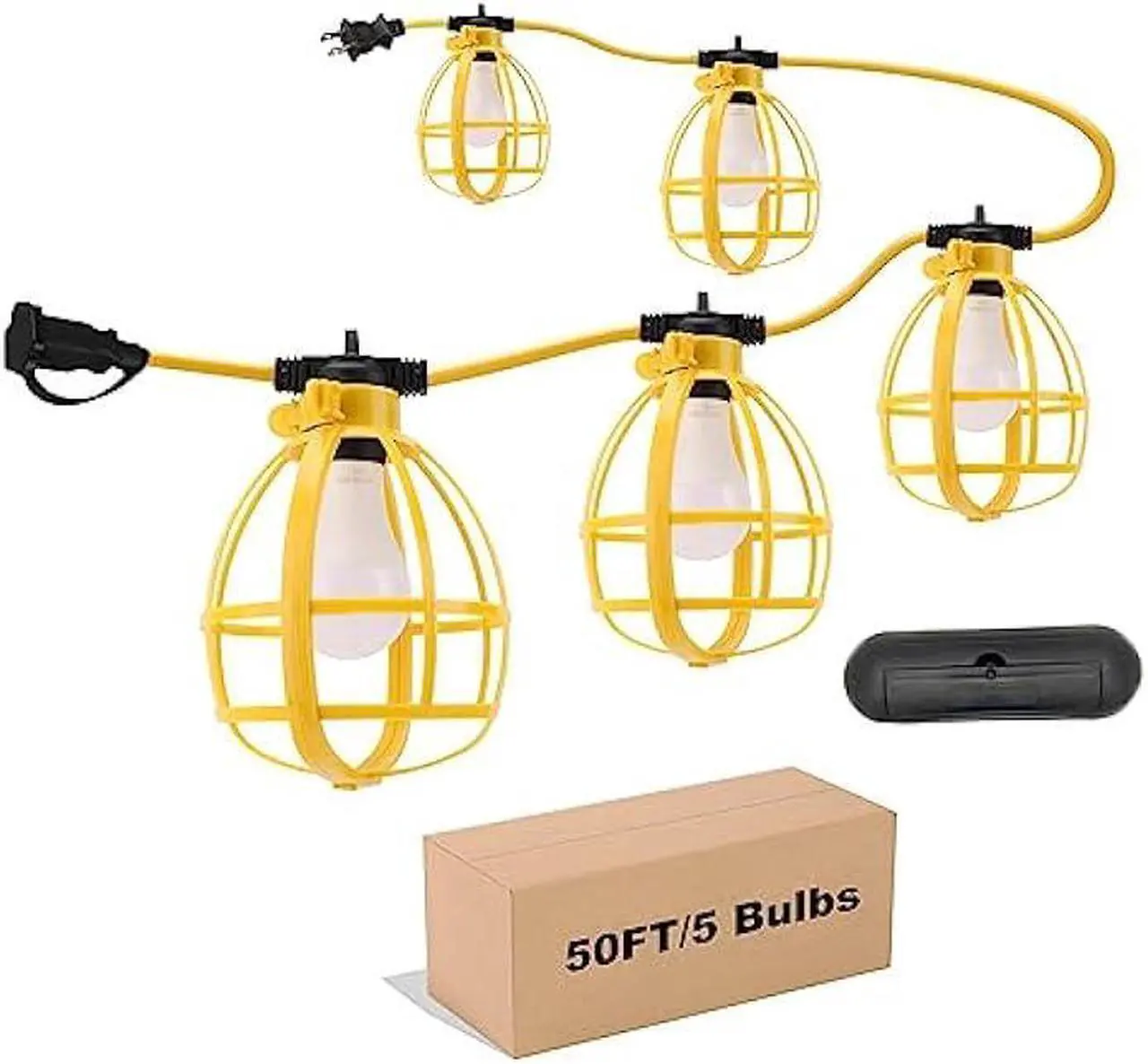 Main image of Yaoledly 50FT Construction String Lights with Outdoor Extension Cord Safety Cover, 50W 5 Bulbs Work Lights, IP65 Waterproof, 4000LM 6500K Temporary Lighting for Workshop, Mine cave, Job Site