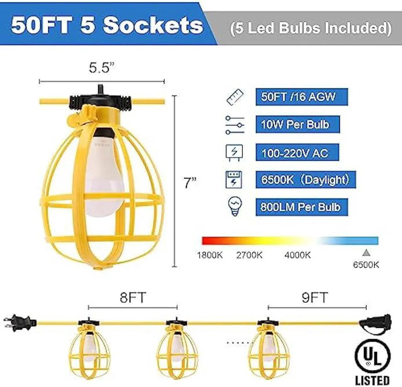 Alt view image 3 of 7 - Yaoledly 50FT Construction String Lights with Outdoor Extension Cord Safety Cover, 50W 5 Bulbs Work Lights, IP65 Waterproof, 4000LM 6500K Temporary Lighting for Workshop, Mine cave, Job Site