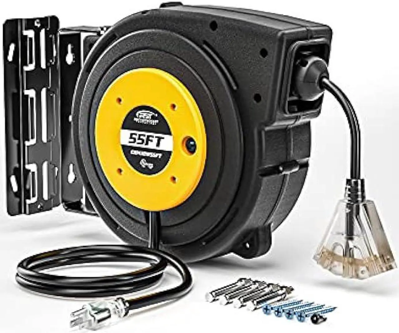 Main image of CRST Retractable Extension Cord, 55FT Extension Cord Reel for Garage Workshop with 14AWG/13A/SJTOW, UL Listed, Retractable Lighted Triple Tap Limited of 1625W, with Reset Button and Adjustable Stopper