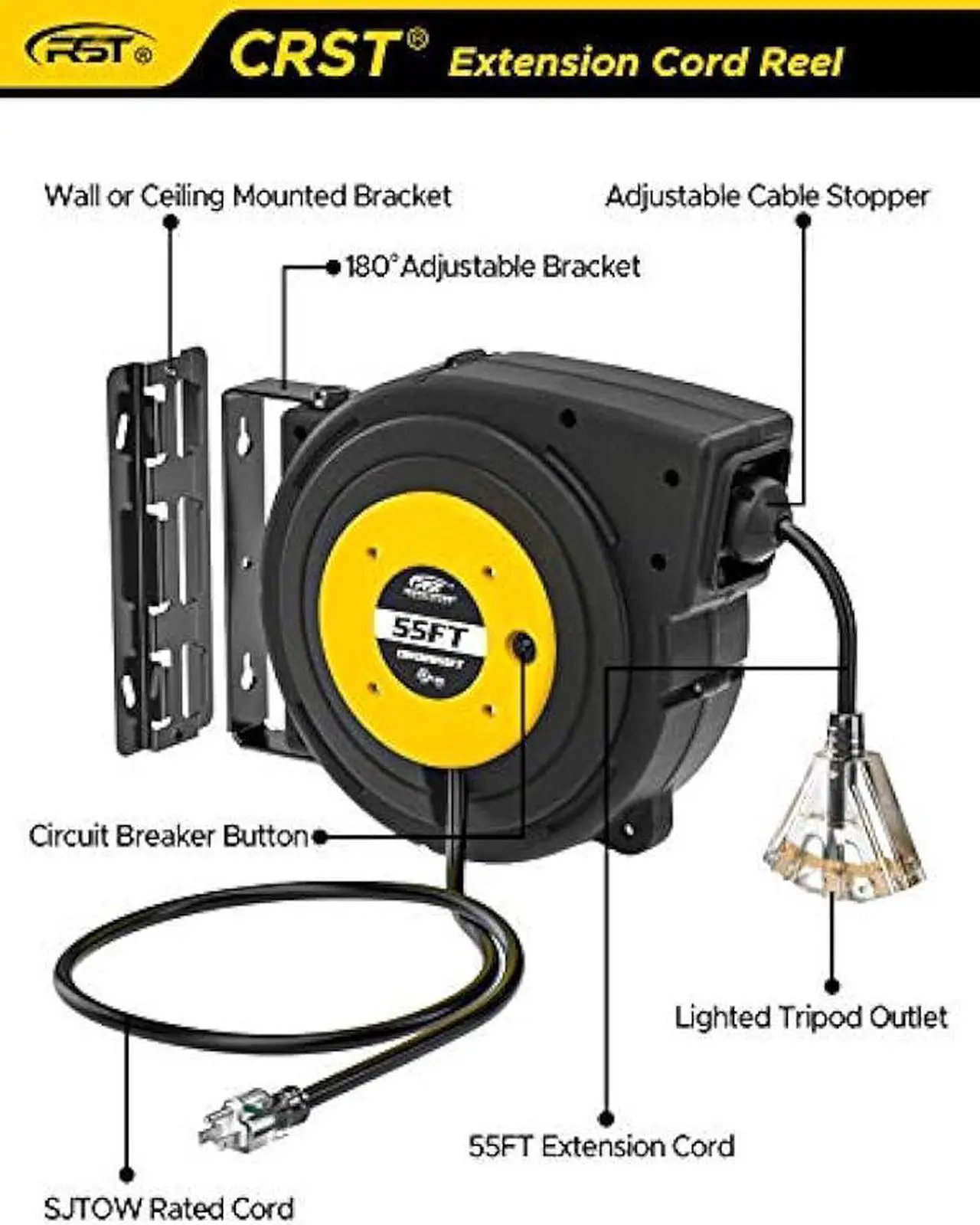 Alt view image 2 of 6 - CRST Retractable Extension Cord, 55FT Extension Cord Reel for Garage Workshop with 14AWG/13A/SJTOW, UL Listed, Retractable Lighted Triple Tap Limited of 1625W, with Reset Button and Adjustable Stopper