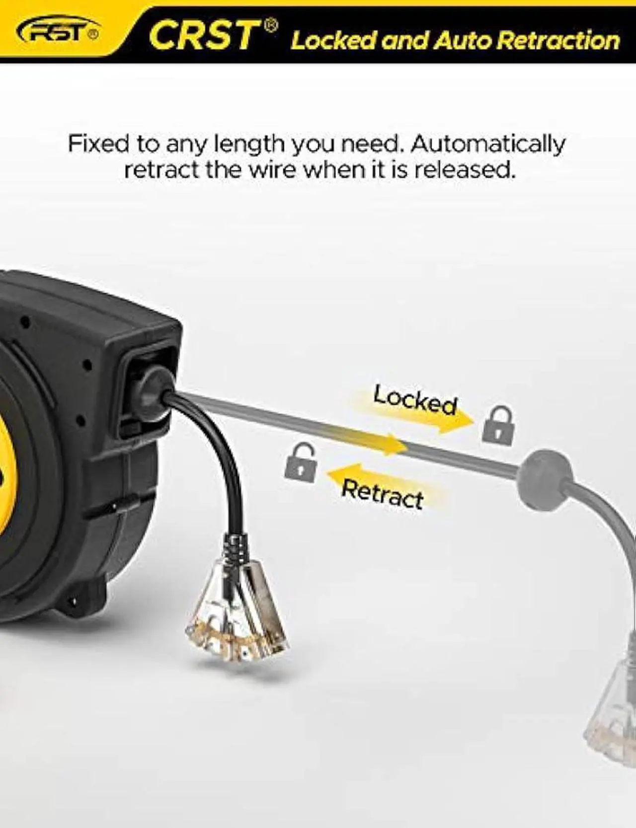 Alt view image 4 of 6 - CRST Retractable Extension Cord, 55FT Extension Cord Reel for Garage Workshop with 14AWG/13A/SJTOW, UL Listed, Retractable Lighted Triple Tap Limited of 1625W, with Reset Button and Adjustable Stopper