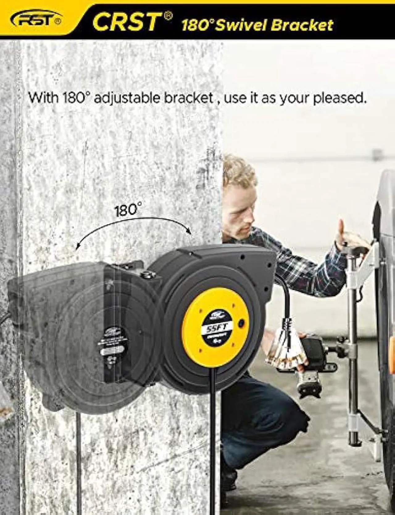 Alt view image 5 of 6 - CRST Retractable Extension Cord, 55FT Extension Cord Reel for Garage Workshop with 14AWG/13A/SJTOW, UL Listed, Retractable Lighted Triple Tap Limited of 1625W, with Reset Button and Adjustable Stopper