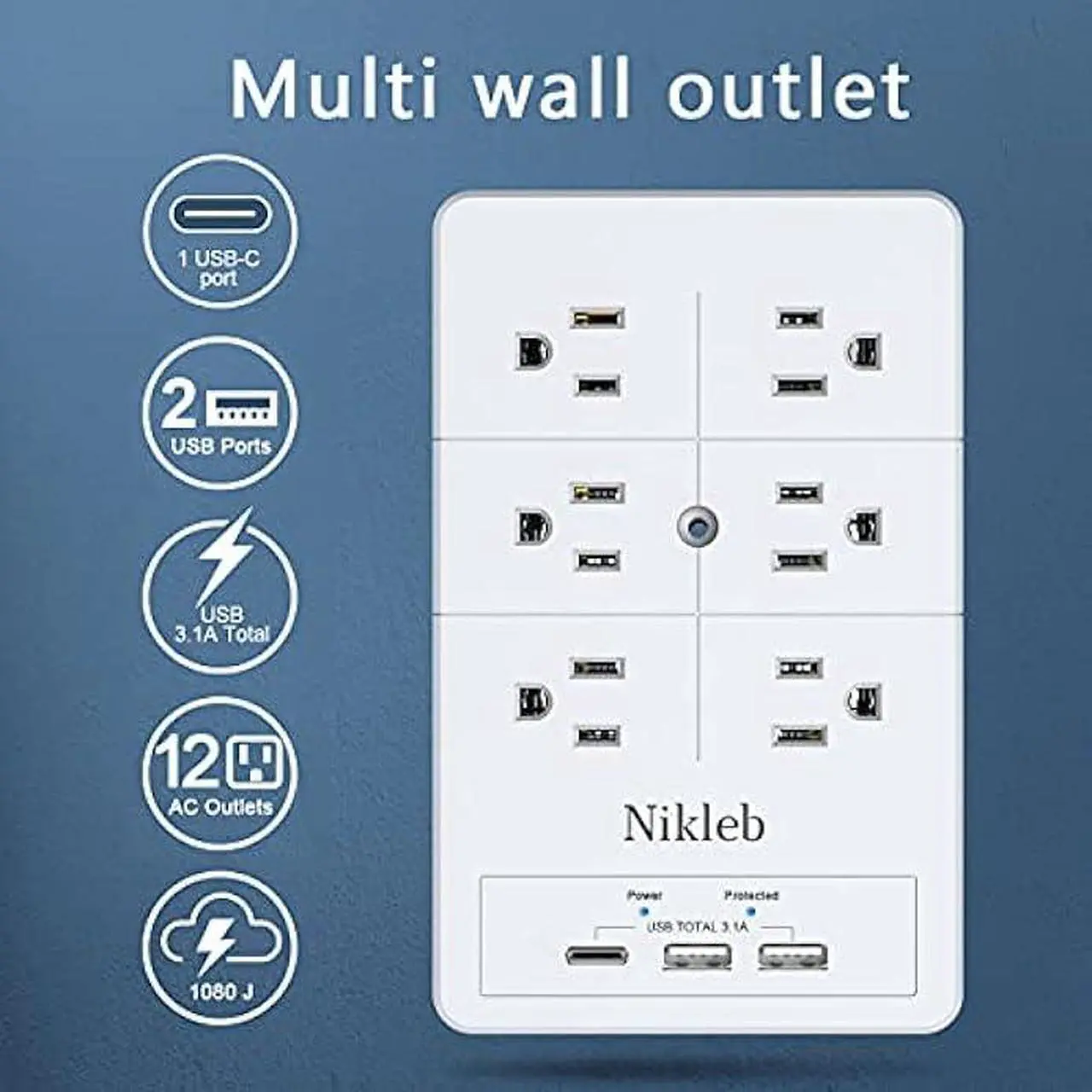 Alt view image 2 of 6 - Outlet Extender Surge Protector Nikleb, Multi Plug Outlet with USB Ports Total 3.1A, USB Wall Charger Multiports with C Adapter, USB&Outlet Splitter Heavy Duty, Wall Plug Extender for Gaming Stuff