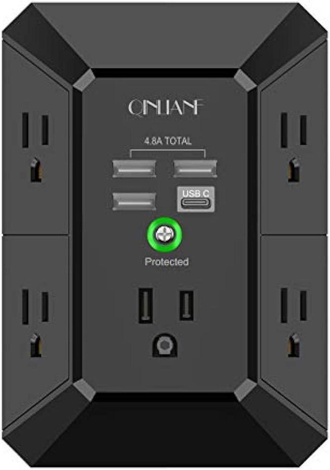 Main image of USB Wall Charger, Surge Protector, QINLIANF 5 Outlet Extender with 4 USB Charging Ports ( 4.8A Total) 3-Sided 1680J Power Strip Multi Plug Outlets Wall Adapter Spaced for Home Travel Office, Black