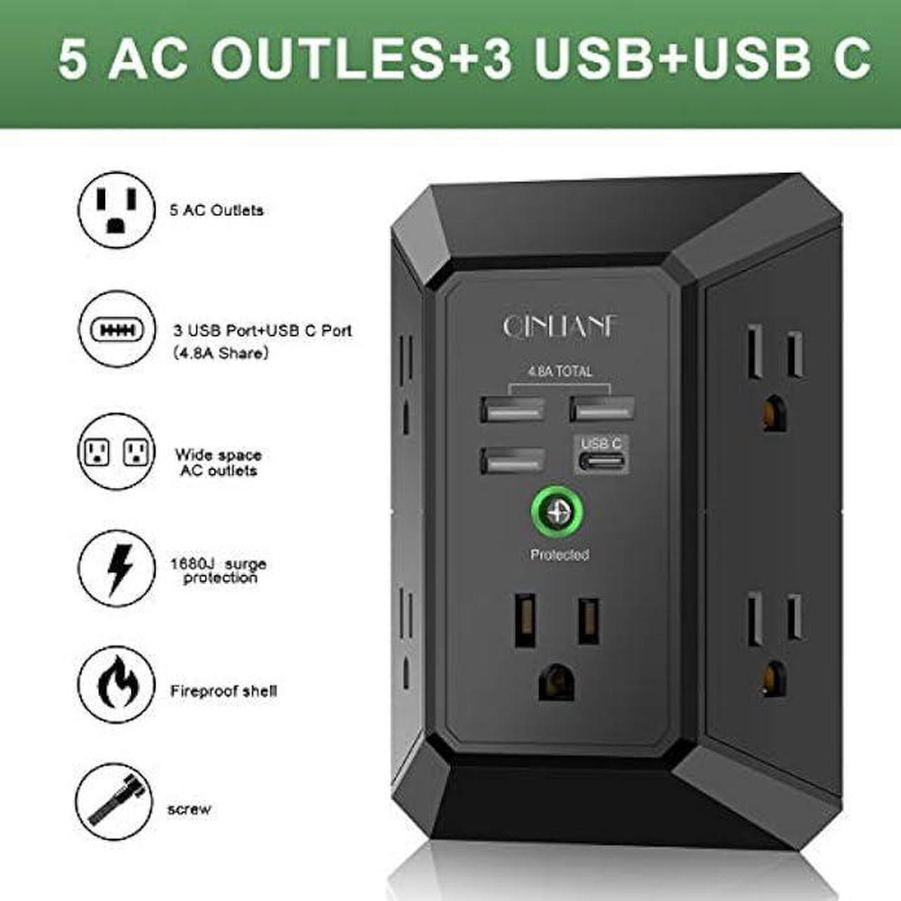 Alt view image 2 of 7 - USB Wall Charger, Surge Protector, QINLIANF 5 Outlet Extender with 4 USB Charging Ports ( 4.8A Total) 3-Sided 1680J Power Strip Multi Plug Outlets Wall Adapter Spaced for Home Travel Office, Black