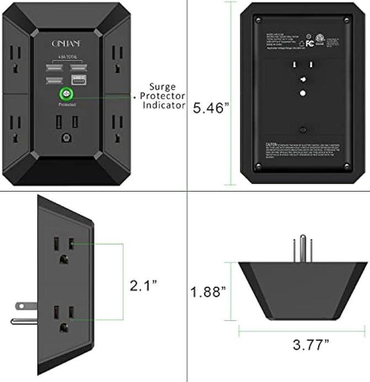 Alt view image 7 of 7 - USB Wall Charger, Surge Protector, QINLIANF 5 Outlet Extender with 4 USB Charging Ports ( 4.8A Total) 3-Sided 1680J Power Strip Multi Plug Outlets Wall Adapter Spaced for Home Travel Office, Black