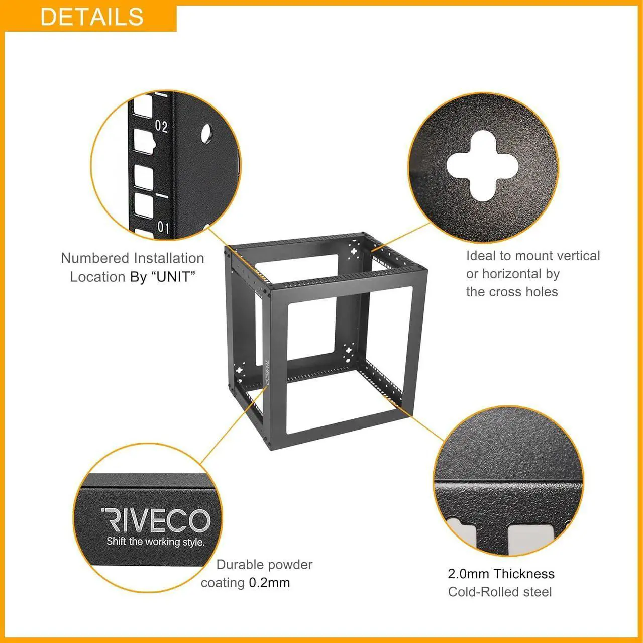 Alt view image 5 of 7 - RIVECO 9U Vertical Mount Wall Rack 19 4 Post Open Frame Network Rack for Server AV Gear IT Equipment Black