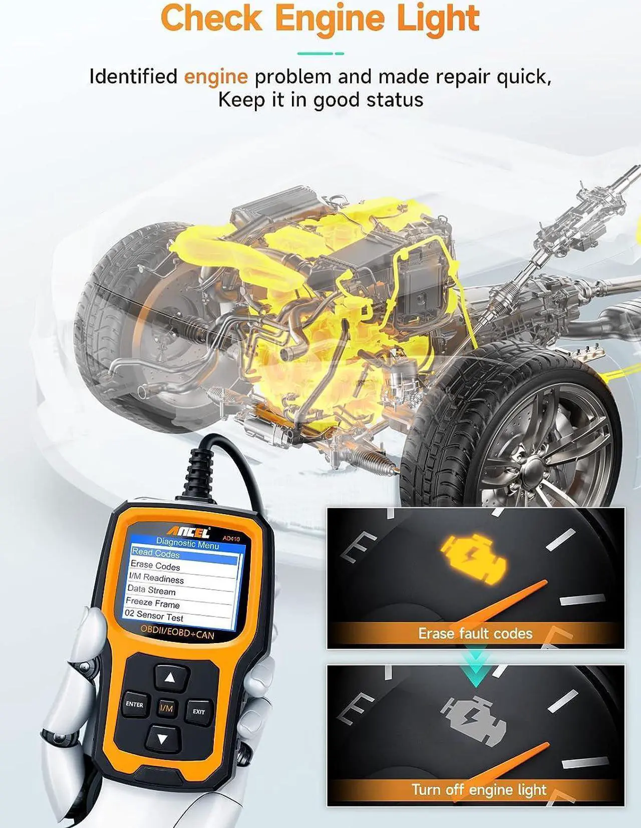 Alt view image 3 of 7 - ANCEL AD410 Enhanced OBD2 Scanner Vehicle Code Reader Check Engine Light Fault Reader Diagnostic Scan Tool Automotive OBD II Scanner Auto Code Scanner for All OBDII Car After 1996 (Black/Yellow)