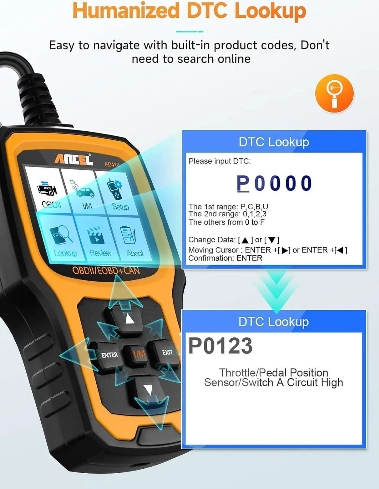 Alt view image 7 of 7 - ANCEL AD410 Enhanced OBD2 Scanner Vehicle Code Reader Check Engine Light Fault Reader Diagnostic Scan Tool Automotive OBD II Scanner Auto Code Scanner for All OBDII Car After 1996 (Black/Yellow)