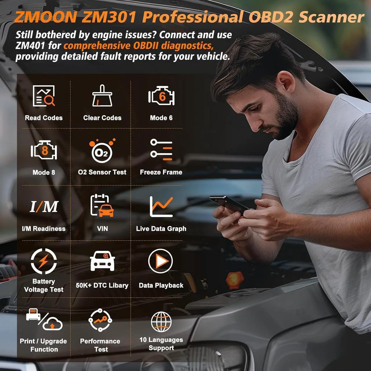 Alt view image 2 of 7 - ZMOON ZM301 OBD2 Scanner Diagnostic Tool, Car Code Reader OBDII/EOBD Diagnostic Scan Tool for All Cars After 1996
