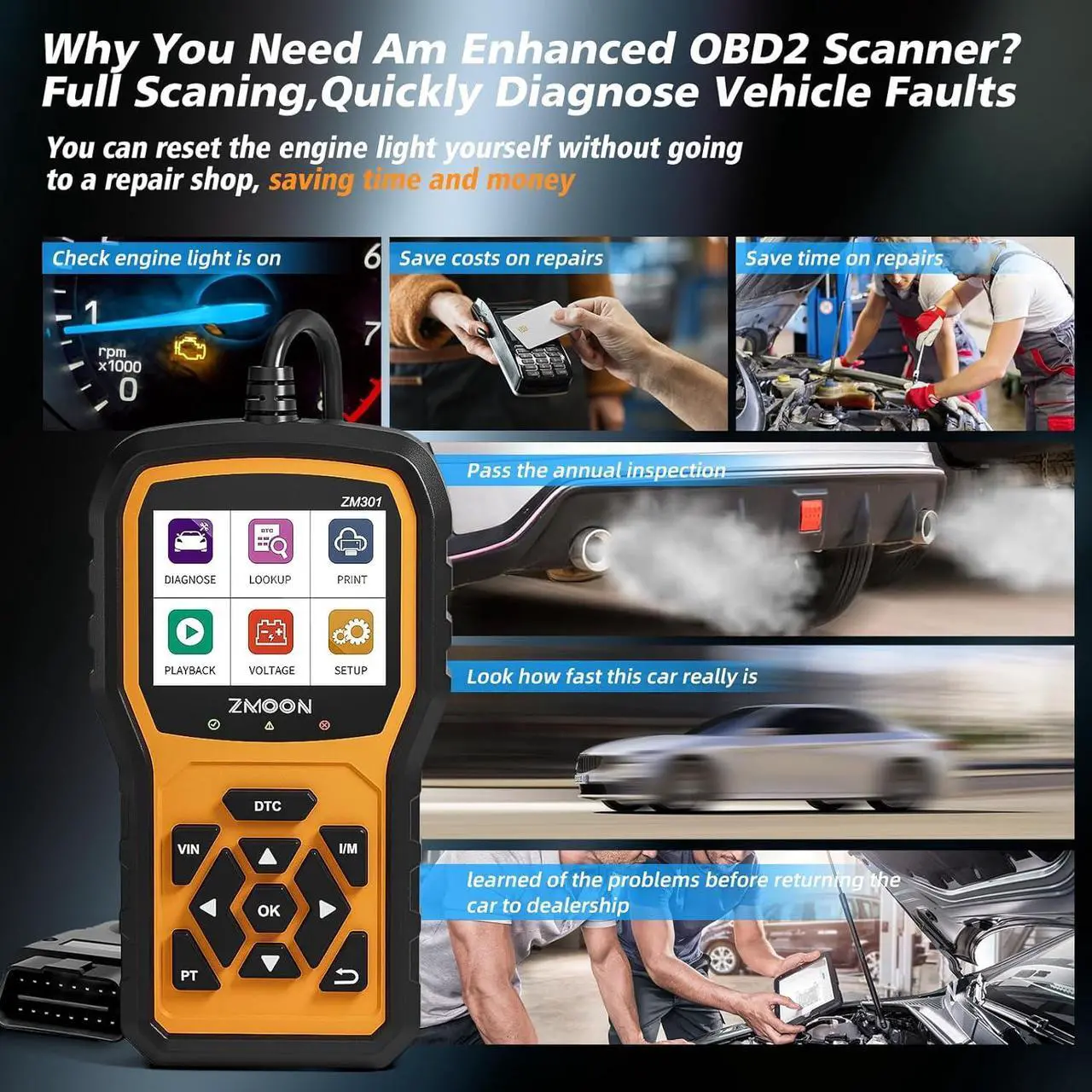 Alt view image 3 of 7 - ZMOON ZM301 OBD2 Scanner Diagnostic Tool, Car Code Reader OBDII/EOBD Diagnostic Scan Tool for All Cars After 1996