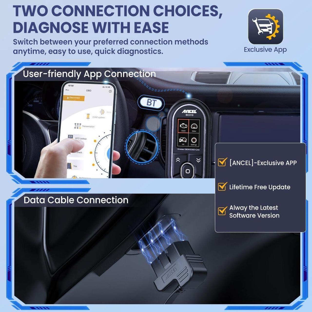 Alt view image 3 of 7 - ANCEL BD310 OBD2 Scanner Diagnostic Tool - 3 in 1 OBD2 Scanner Bluetooth - App Based OBDII Scan Tool for Android & iPhone - Check Engine Light Code Reader - Wired, Bluetooth, and Heads-up Display