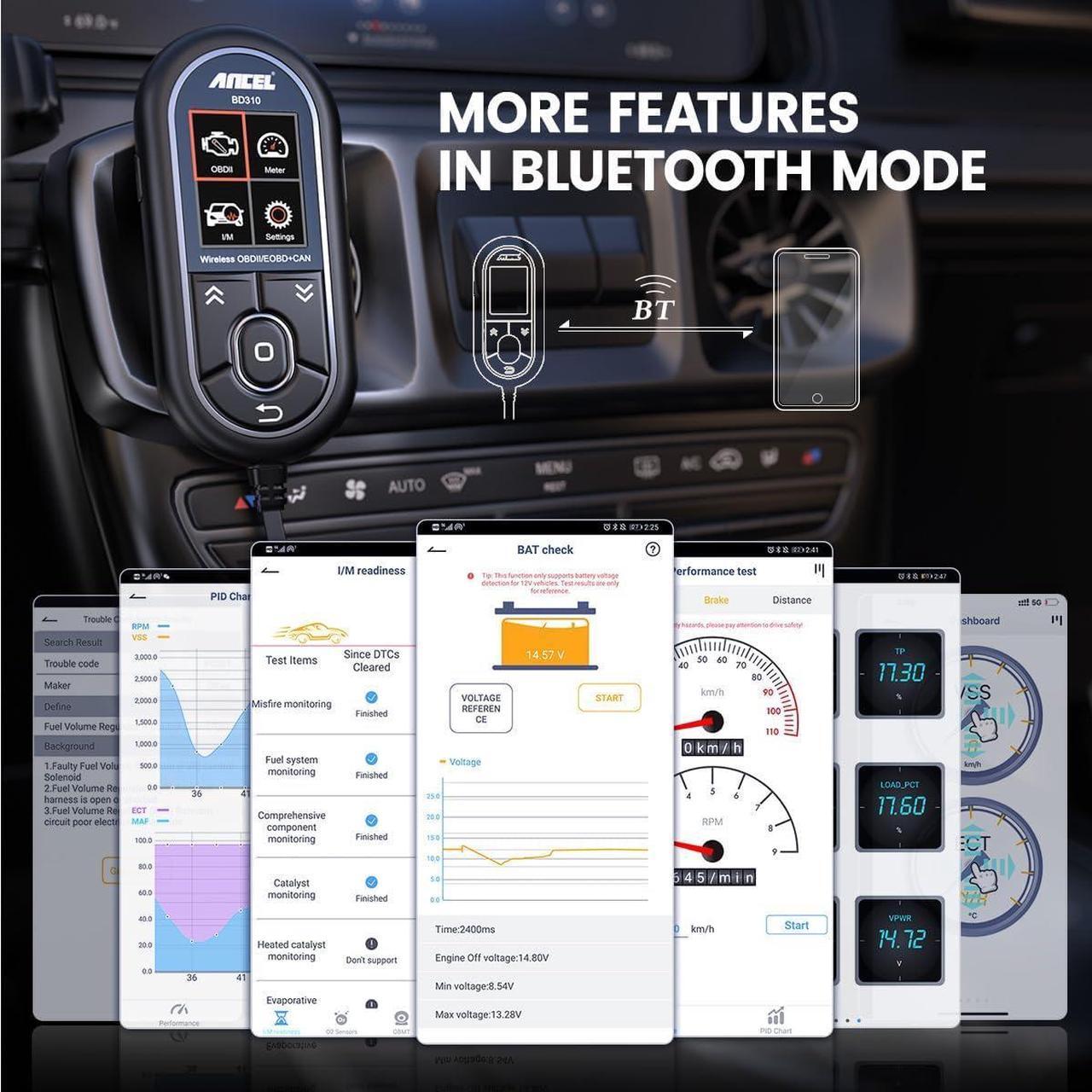 Alt view image 6 of 7 - ANCEL BD310 OBD2 Scanner Diagnostic Tool - 3 in 1 OBD2 Scanner Bluetooth - App Based OBDII Scan Tool for Android & iPhone - Check Engine Light Code Reader - Wired, Bluetooth, and Heads-up Display