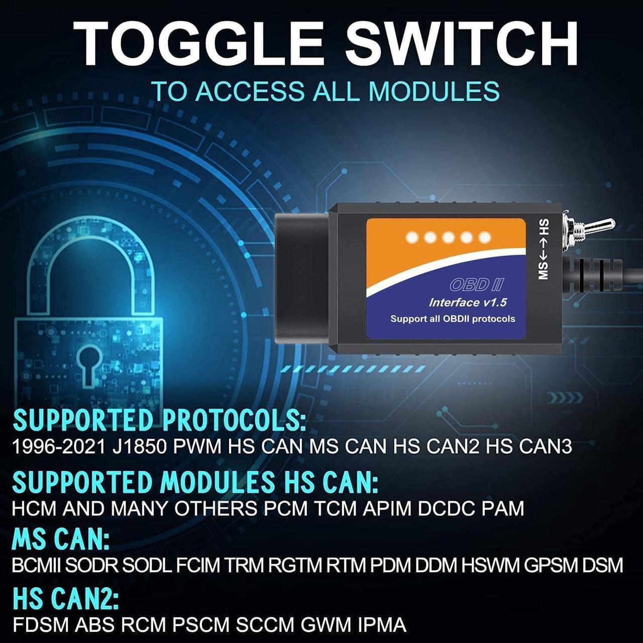 Alt view image 6 of 7 - FORS-can ELM327 OBD2 USB Adapter for Windows, ELMconfig Scanner Diagnostic Coding Tool with MS-CAN/HS-CAN Switch for Ford Lincoln Mazda Mercury Series Vehicles