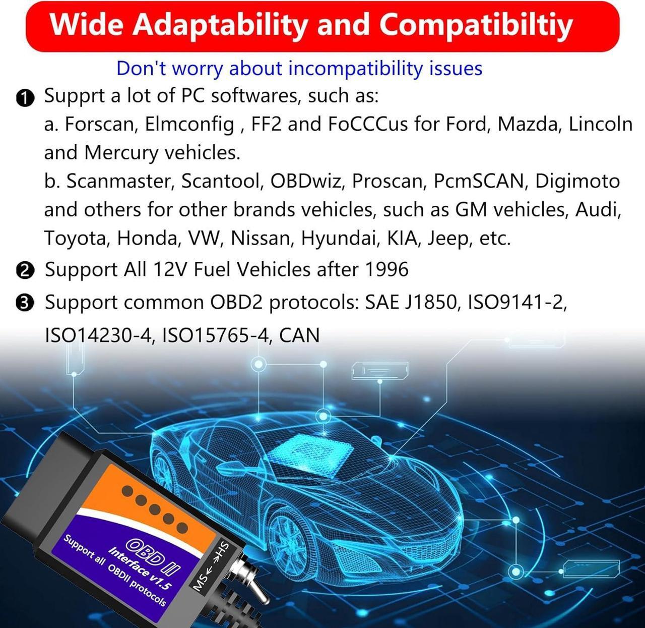 Alt view image 4 of 6 - ELM327 OBD2 USB Adapter OBD2 to USB Cable Reader Scanner Diagnostic Scan Tool OBDii Scanner Code Reader OBD to USB Adapter ELM 327 Scanner Interface for Forscan Ford Chevy GM Toyota for Laptop PC