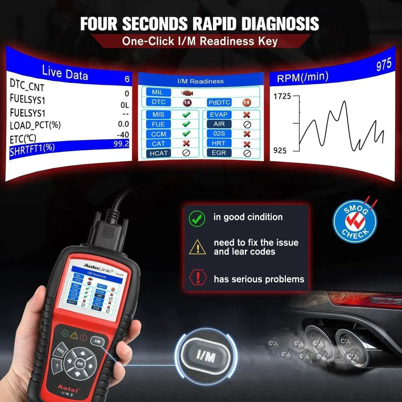 Alt view image 3 of 7 - Autel AutoLink AL519 Car OBD2 Scanner, Classic Enhanced Mode 6 Engine Fault Code Reader OBDII CAN Diagnostic Scan Tool, One-Click Smog Check, DTC Lookup, Upgraded of AL319, Lifetime Free Update
