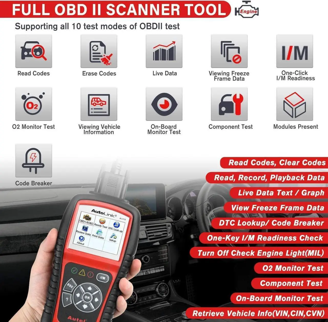 Alt view image 2 of 7 - Autel AutoLink AL519 Car OBD2 Scanner, Classic Enhanced Mode 6 Engine Fault Code Reader OBDII CAN Diagnostic Scan Tool, One-Click Smog Check, DTC Lookup, Upgraded of AL319, Lifetime Free Update