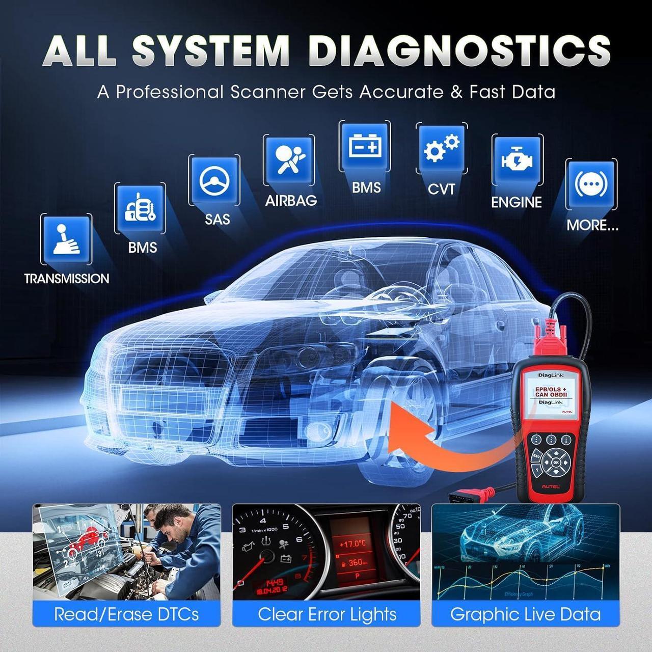 Alt view image 3 of 6 - Autel OBDII OBD2 Code Reader Diaglink (DIY Version of MD802) All Systems/Modules Diagnostic for ABS, SRS, Engine, Transmission, EPB, Oil Reset