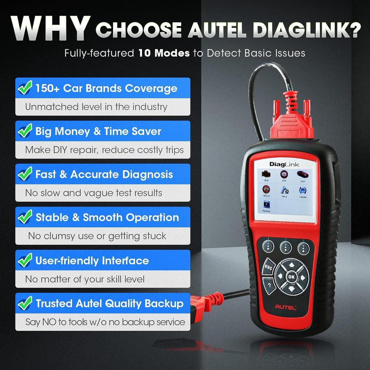 Alt view image 4 of 6 - Autel OBDII OBD2 Code Reader Diaglink (DIY Version of MD802) All Systems/Modules Diagnostic for ABS, SRS, Engine, Transmission, EPB, Oil Reset