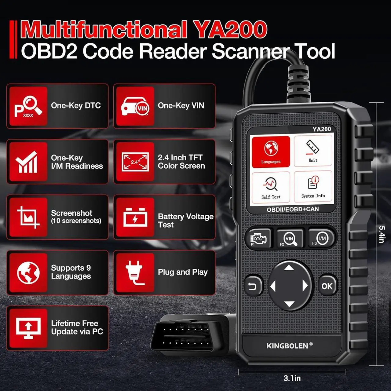 Alt view image 4 of 7 - KINGBOLEN YA200 OBD2 Scanner, Car OBD2 Code Reader Check Engine Light, Car Scanner OBDII Full Functions with Voltage Test OBD2 Scanner Diagnostic Tool for All OBDII CAN Protocol Cars Since 1996