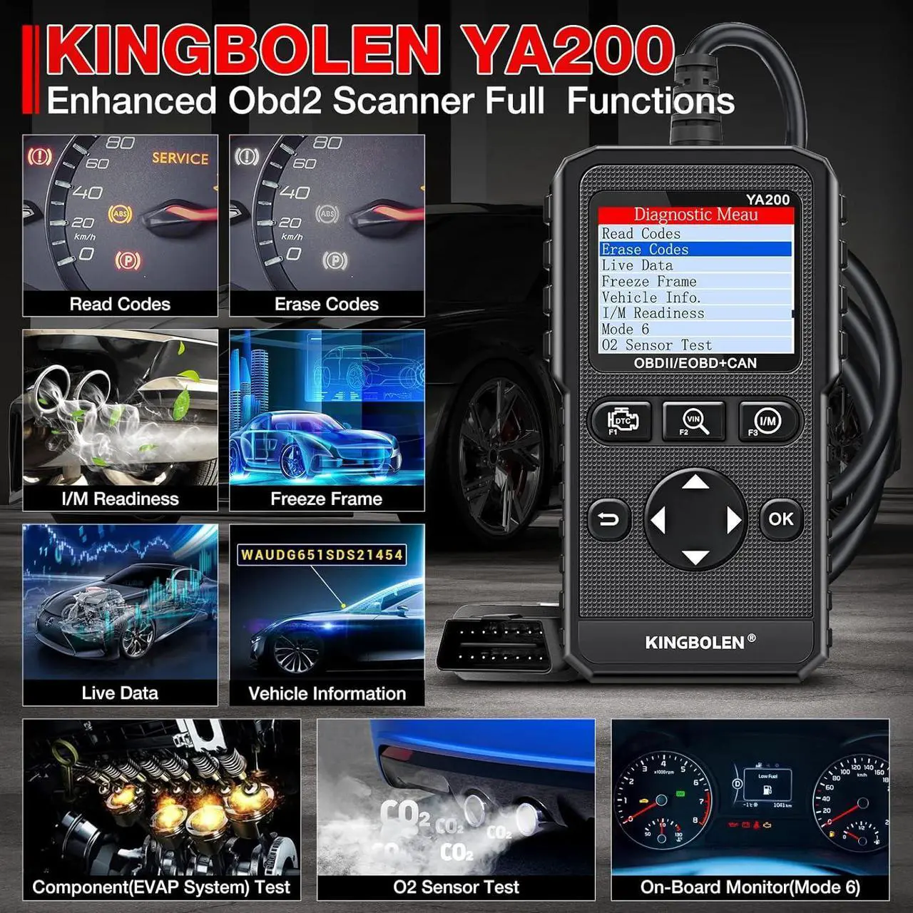 Alt view image 2 of 7 - KINGBOLEN YA200 OBD2 Scanner, Car OBD2 Code Reader Check Engine Light, Car Scanner OBDII Full Functions with Voltage Test OBD2 Scanner Diagnostic Tool for All OBDII CAN Protocol Cars Since 1996