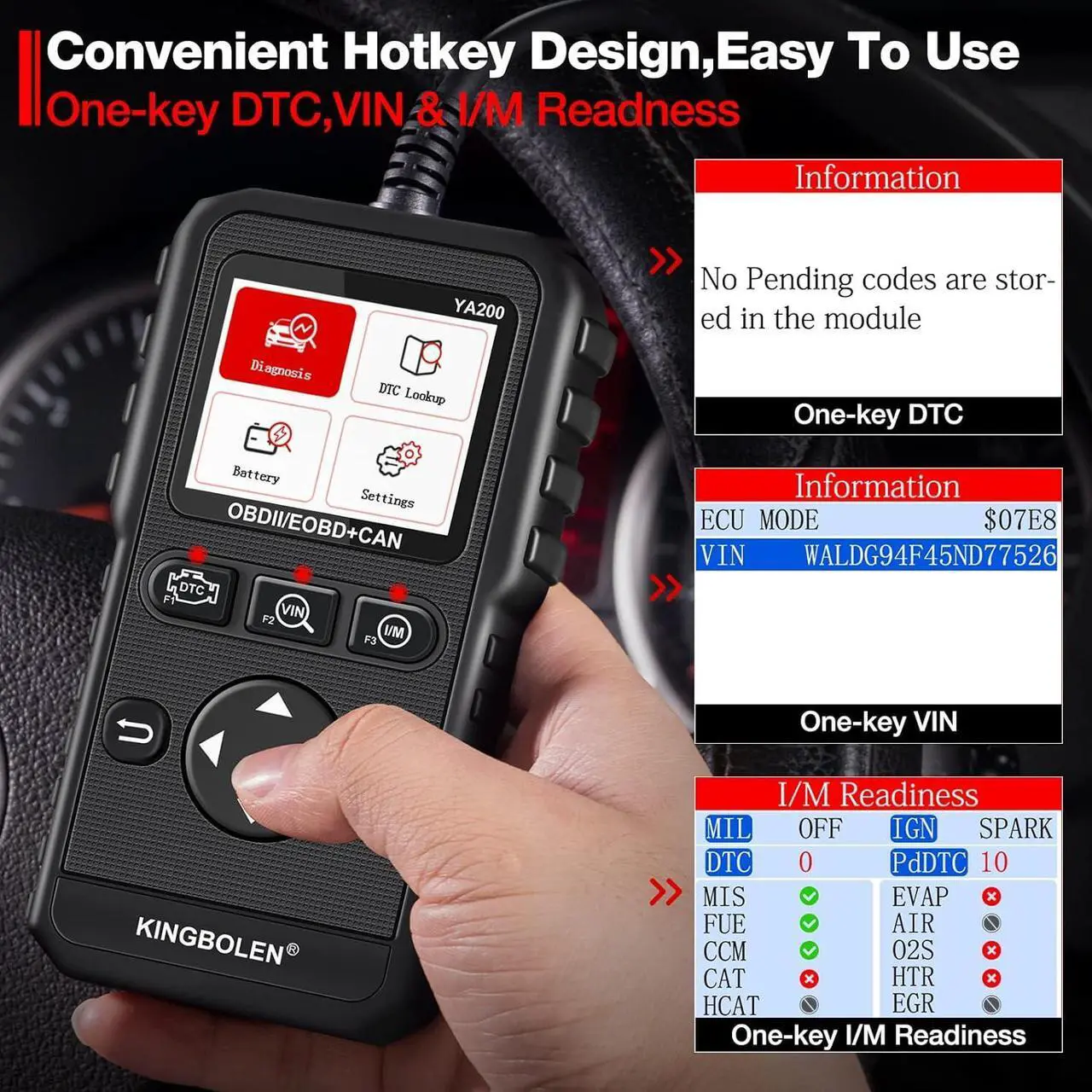 Alt view image 6 of 7 - KINGBOLEN YA200 OBD2 Scanner, Car OBD2 Code Reader Check Engine Light, Car Scanner OBDII Full Functions with Voltage Test OBD2 Scanner Diagnostic Tool for All OBDII CAN Protocol Cars Since 1996