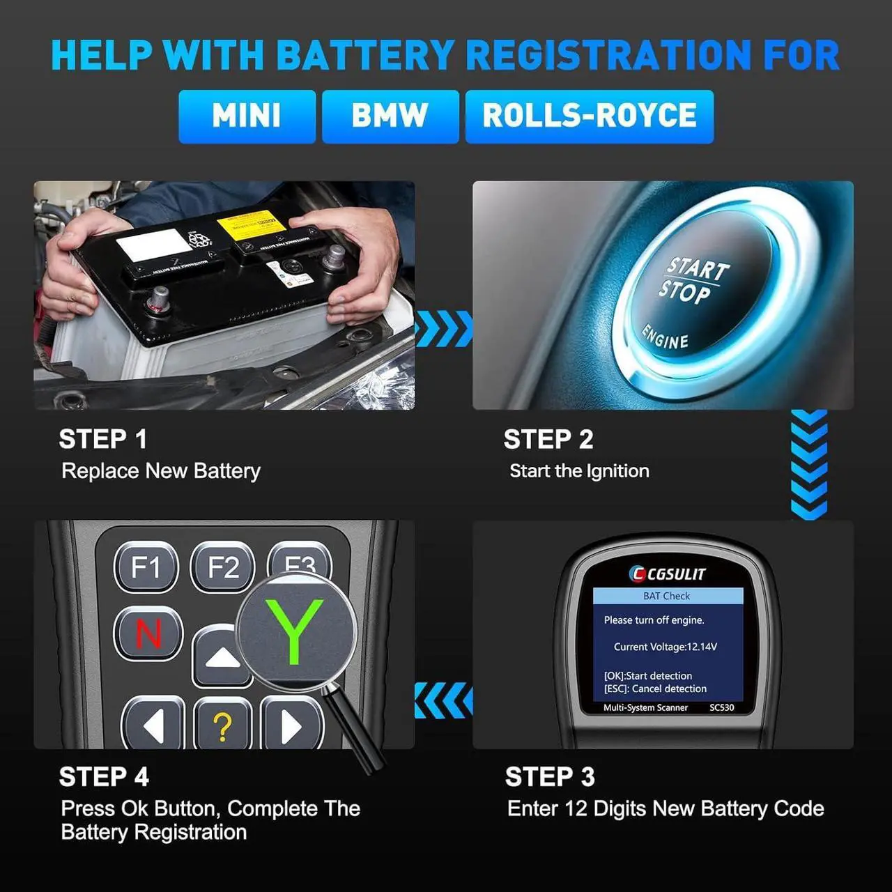 Alt view image 5 of 7 - OBD2 Scanner Code Reader for BMW Mini Rolls-Royce Full System Diagnostic Scan Tool, 30+ Special Functions Incl Battery Registration Oil Light EPB ABS SAS DSC DME SRS Reset Bi-Directional Active Test