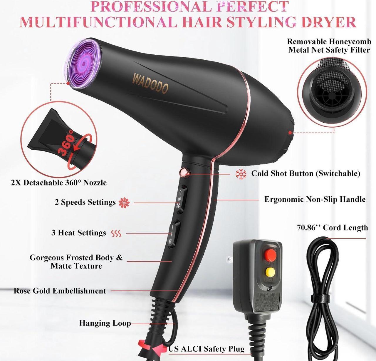 Alt view image 3 of 7 - WADODO Ionic Hair Dryer, 2200W Professional Blow Dryer Fast Drying Travel AC Motor Constant Temperature Low Noise Ion Dryers Curly Care Hairdryer Blowdryer for Women Men