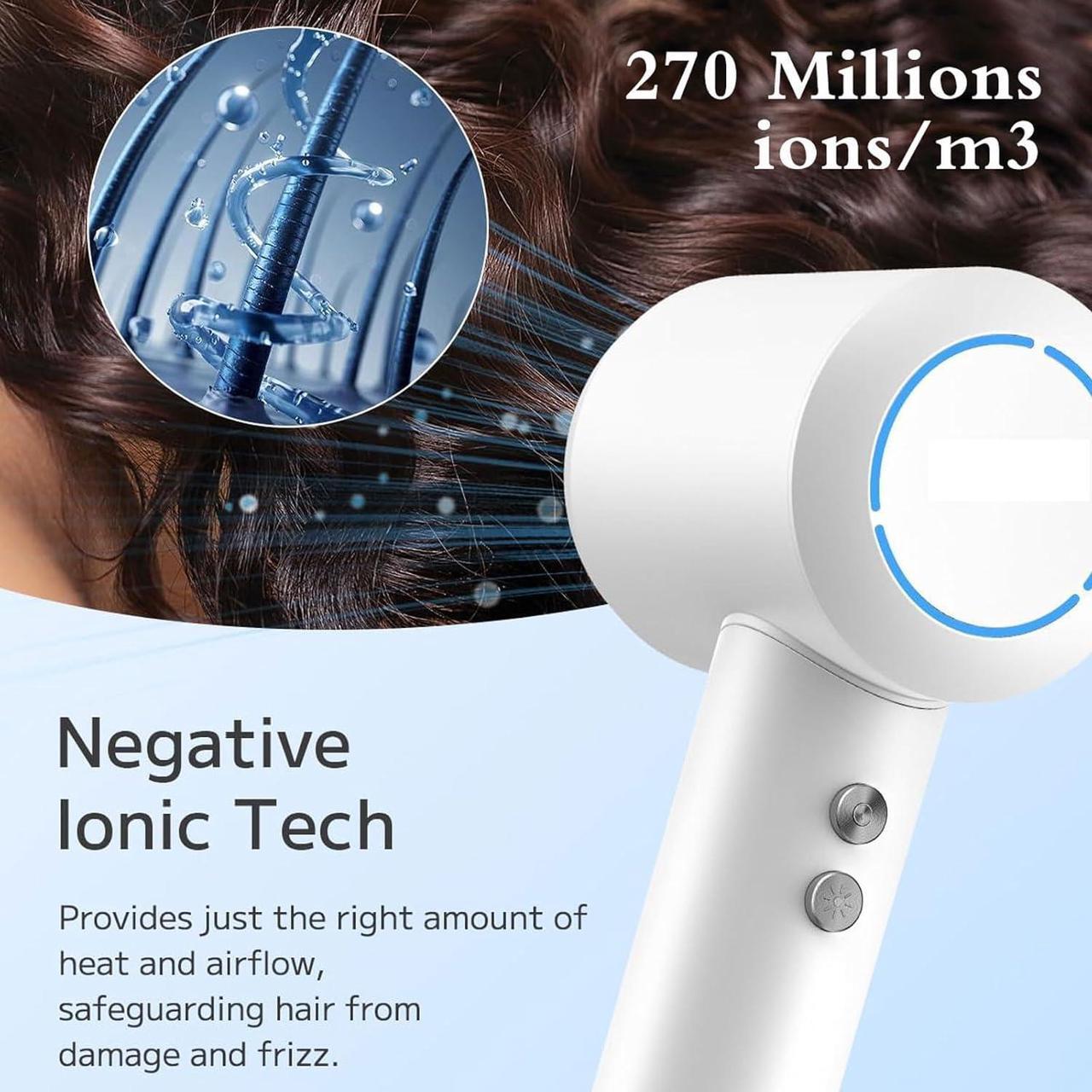 Alt view image 3 of 6 - High-Speed Ionic Hair Dryer - 110000 RPM Brushless Motor Negative Ionic Blow Dryers for Fast Drying Quiet Low Noise Thermo-Control Professional Hair-Dryer (White)