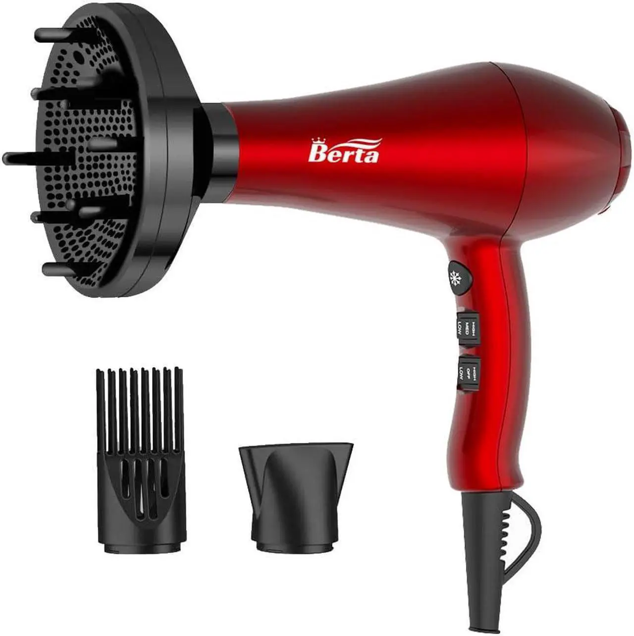 Main image of Berta 1875W Hair Dryer Ionic Frizz Control Fast Drying Blow Dryer Professional Hairdryer 2 Speed and 3 Heat Settings, Concentrator & Diffuser, Cool Shot